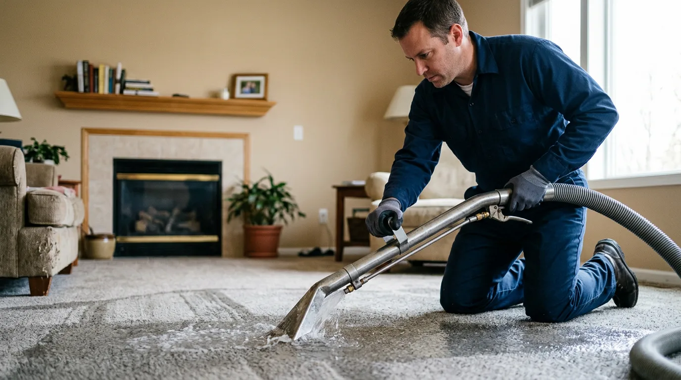 Water damage restoration technician working near Thomson, IL